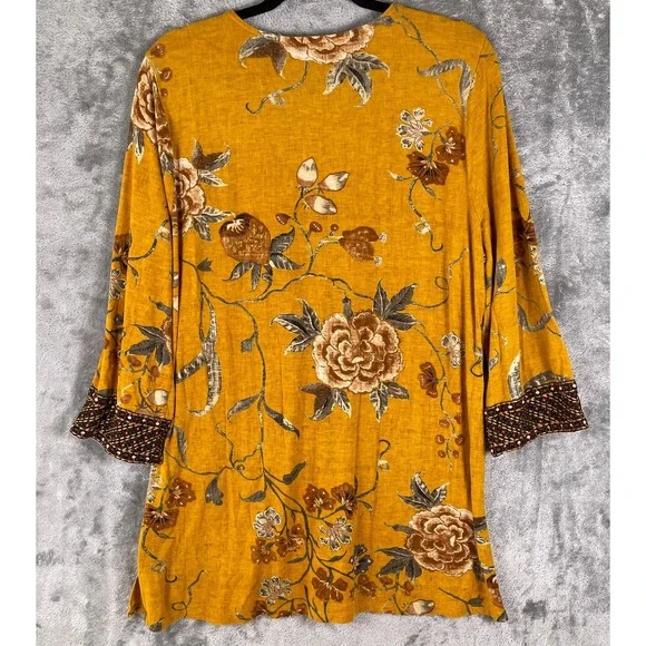 Soft Surroundings Etana Floral Tunic Top Womens XL Yellow Emboidered Art to wear - Picture 5 of 8